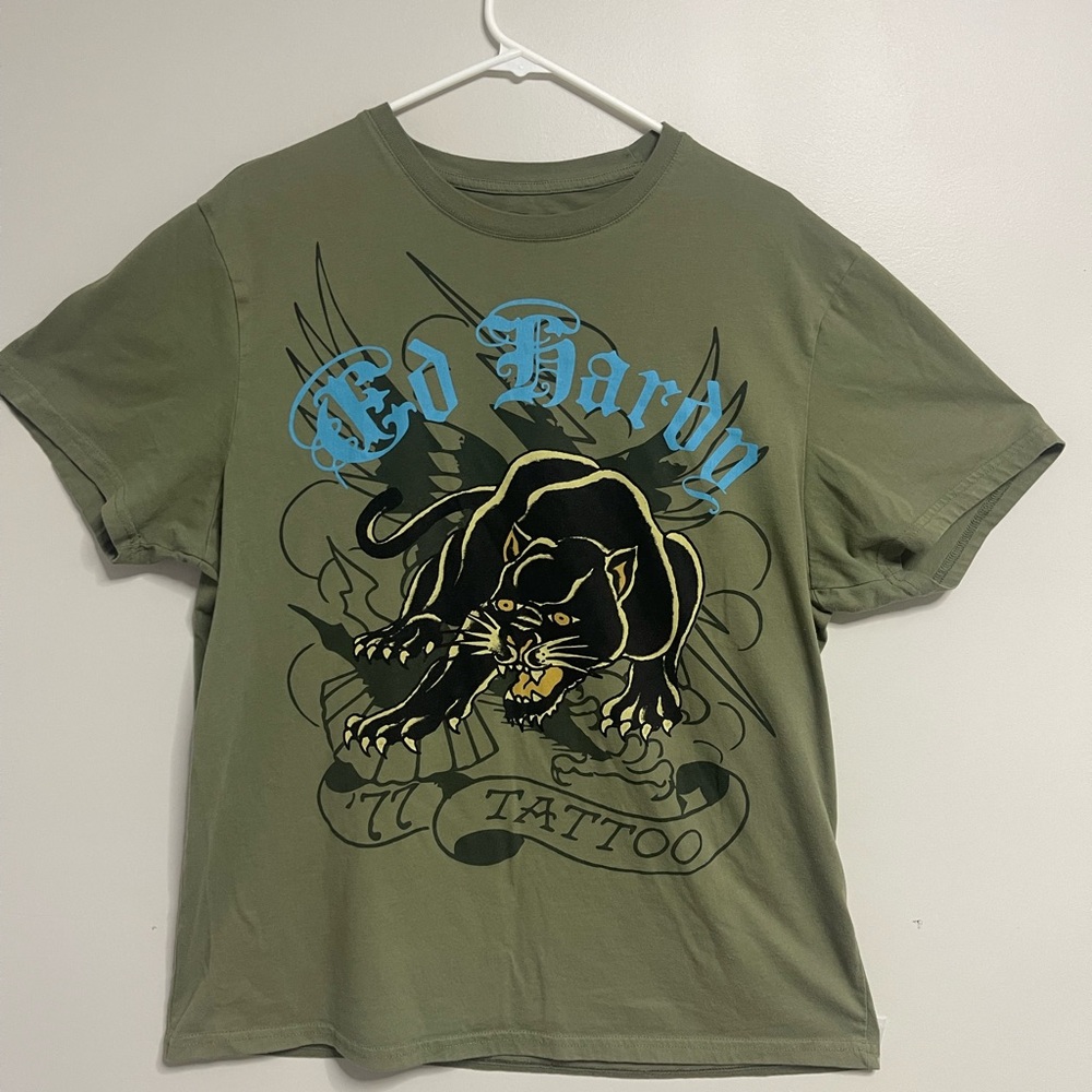 Ed Hardy Men's Crouching Panther Olive Green T-Shirt